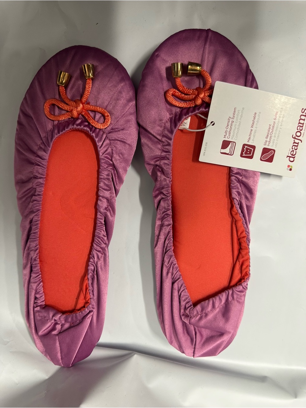 Dearfoams Women's Foldable Ballet Flat Slippers - Purple with Orange Insole New